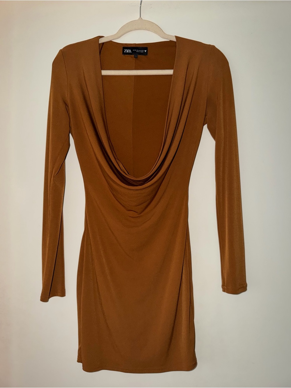 Zara Burnt Orange Cowl Neck Long Sleeve Mini Dress